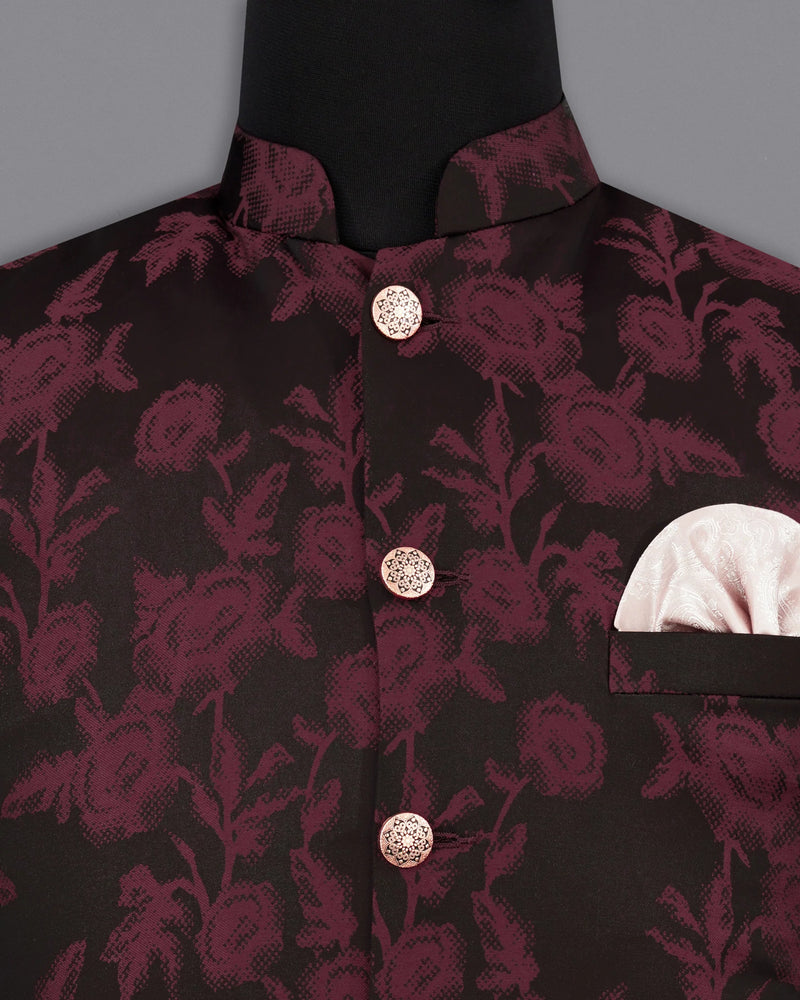 Zeus Black with Lonestar Maroon Floral Printed Nehru Jacket WC2163-38, WC2163-39, WC2163-40, WC2163-42, WC2163-44, WC2163-46, WC2163-48, WC2163-50, WC2163-52