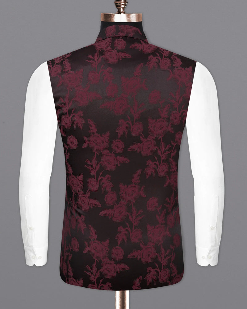 Zeus Black with Lonestar Maroon Floral Printed Nehru Jacket WC2163-38, WC2163-39, WC2163-40, WC2163-42, WC2163-44, WC2163-46, WC2163-48, WC2163-50, WC2163-52