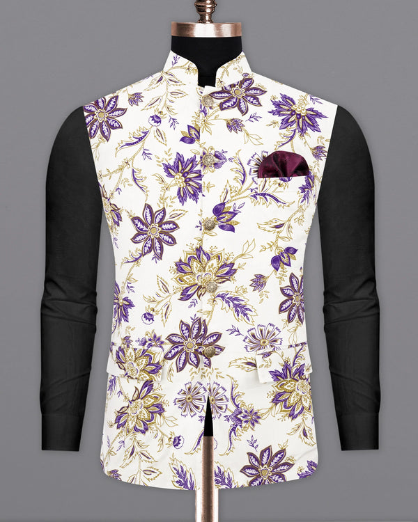 Desert Storm Cream with Eminence Blue Leaves Printed Premium Cotton Nehru Jacket WC2165-38, WC2165-39, WC2165-40, WC2165-42, WC2165-44, WC2165-46, WC2165-48, WC2165-50, WC2165-52