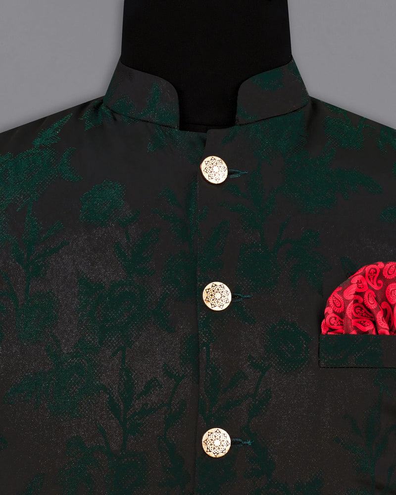 Zeus Black and Holly Dark Green Floral Printed Nehru Jacket WC2168-38, WC2168-39, WC2168-40, WC2168-42, WC2168-44, WC2168-46, WC2168-48, WC2168-50, WC2168-52