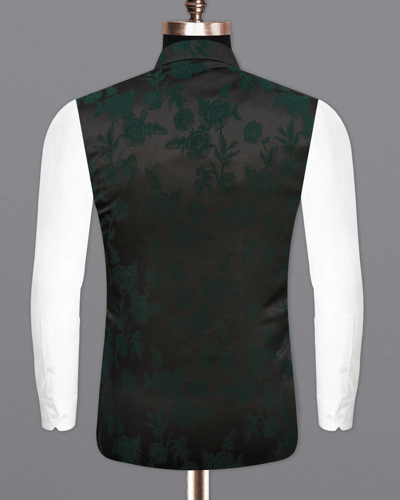 Zeus Black and Holly Dark Green Floral Printed Nehru Jacket WC2168-38, WC2168-39, WC2168-40, WC2168-42, WC2168-44, WC2168-46, WC2168-48, WC2168-50, WC2168-52