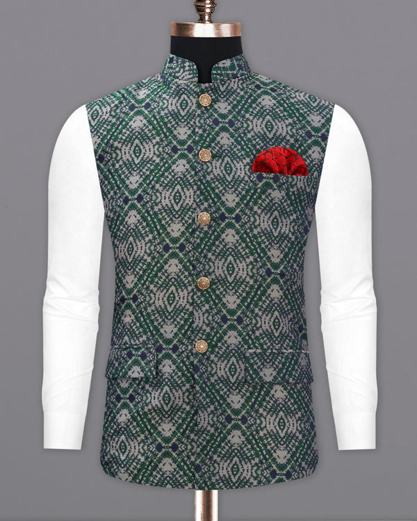 Myrtle Green with Chateau Gray Tie Dye Jacquard Designer Nehru Jacket  WC2189-36, WC2189-38, WC2189-40, WC2189-42, WC2189-44, WC2189-46, WC2189-48, WC2189-50, WC2189-52, WC2189-54, WC2189-56, WC2189-58, WC2189-60