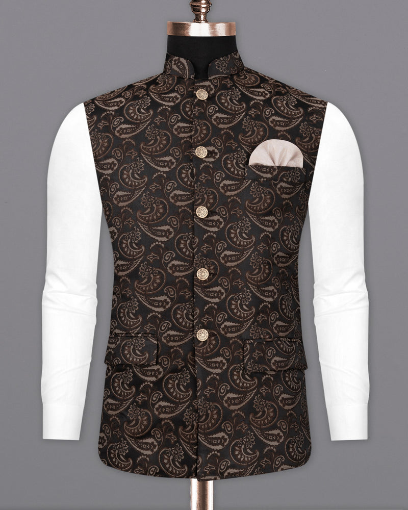 Stonewall Brown with Zeus Black Paisley Textured Designer Nehru Jacket  WC2204-36, WC2204-38, WC2204-40, WC2204-42, WC2204-44, WC2204-46, WC2204-48, WC2204-50, WC2204-52, WC2204-54, WC2204-56, WC2204-58, WC2204-60