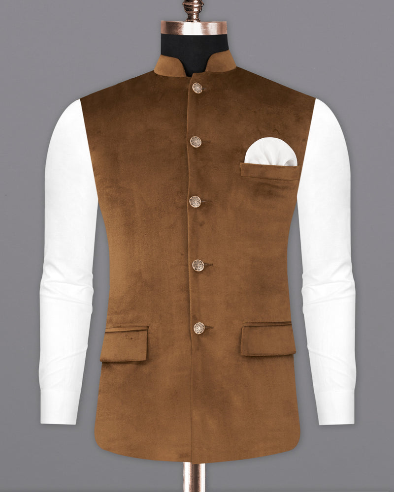 Nutmeg Brown Premium Velvet Designer Nehru Jacket  WC2205-36, WC2205-38, WC2205-40, WC2205-42, WC2205-44, WC2205-46, WC2205-48, WC2205-50, WC2205-52, WC2205-54, WC2205-56, WC2205-58, WC2205-60