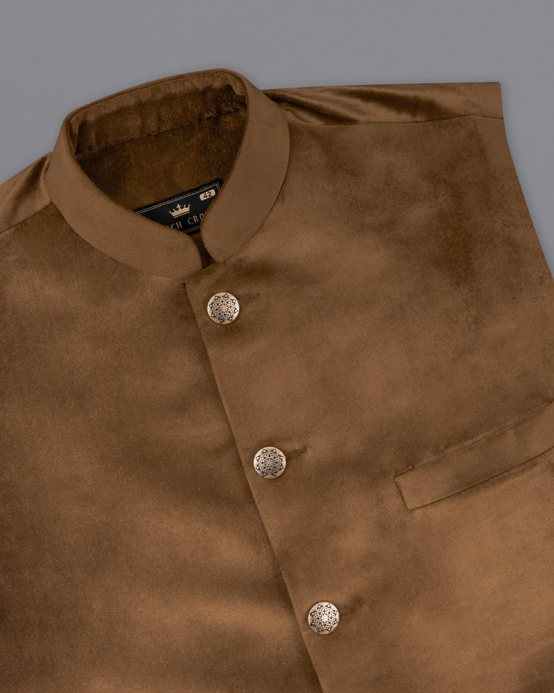 Nutmeg Brown Premium Velvet Designer Nehru Jacket  WC2205-36, WC2205-38, WC2205-40, WC2205-42, WC2205-44, WC2205-46, WC2205-48, WC2205-50, WC2205-52, WC2205-54, WC2205-56, WC2205-58, WC2205-60