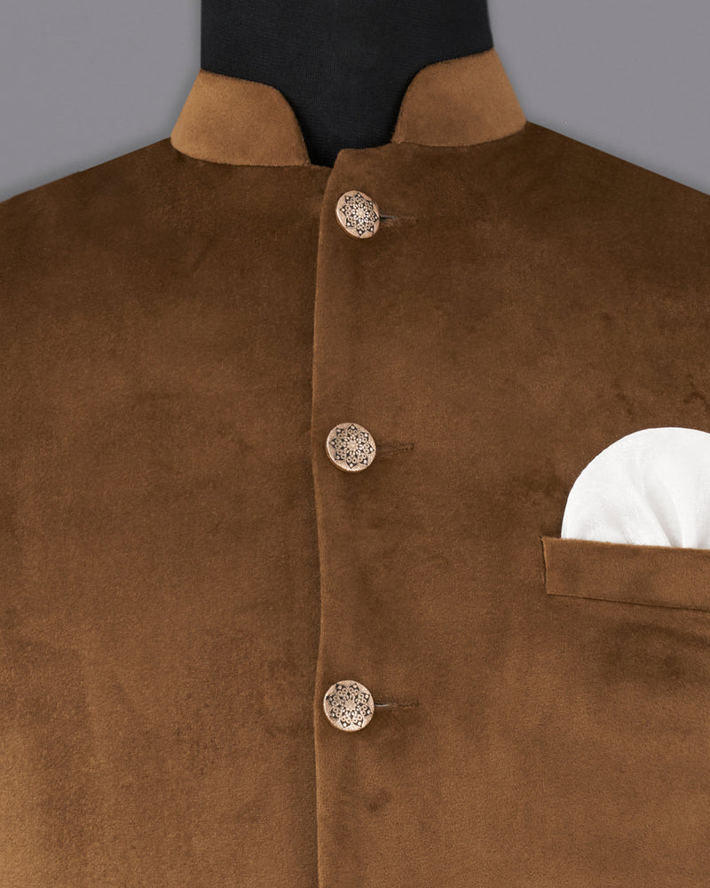 Nutmeg Brown Premium Velvet Designer Nehru Jacket  WC2205-36, WC2205-38, WC2205-40, WC2205-42, WC2205-44, WC2205-46, WC2205-48, WC2205-50, WC2205-52, WC2205-54, WC2205-56, WC2205-58, WC2205-60