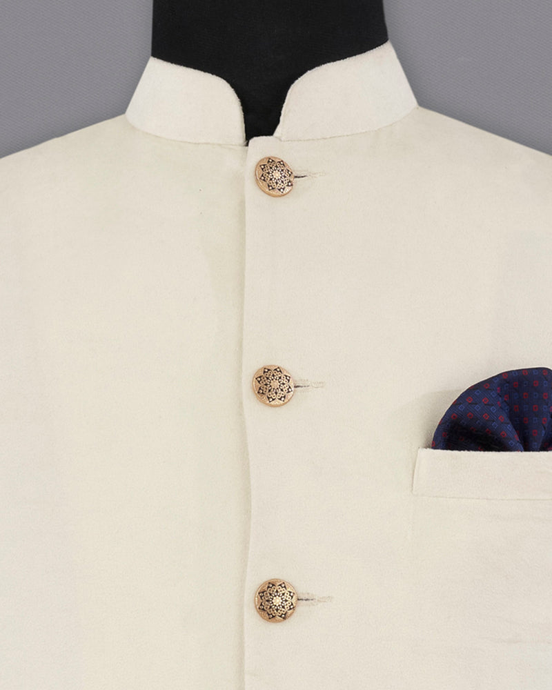 Eggshell Cream Premium Velvet Designer Nehru Jacket  WC2207-36, WC2207-38, WC2207-40, WC2207-42, WC2207-44, WC2207-46, WC2207-48, WC2207-50, WC2207-52, WC2207-54, WC2207-56, WC2207-58, WC2207-60