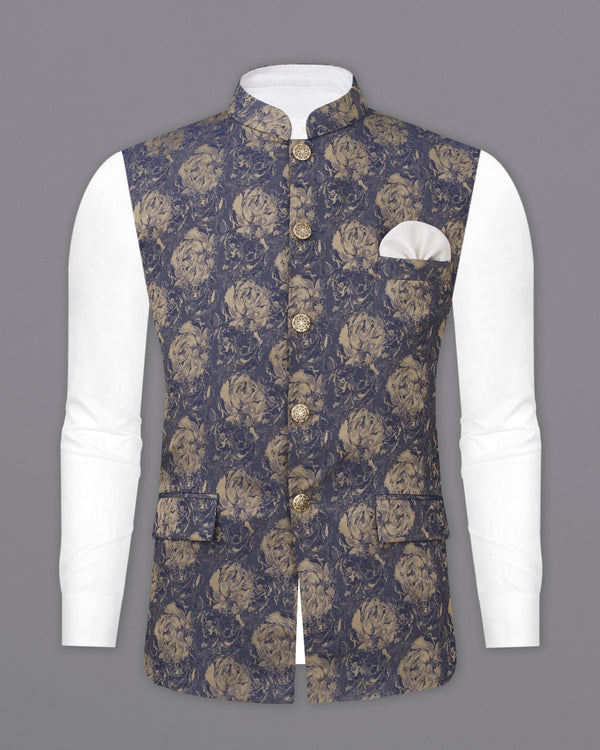 Gravel Blue and Black Jacquard Textured Designer Nehru jacket WC2349-36, WC2349-38, WC2349-40, WC2349-42, WC2349-44, WC2349-46, WC2349-48, WC2349-50, WC2349-52, WC2349-54, WC2349-56, WC2349-58, WC2349-60	