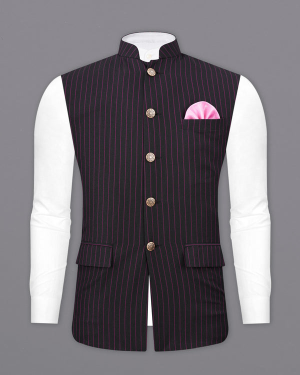 Zeus Black with Dark Mauve Pink Striped Nehru Jacket
