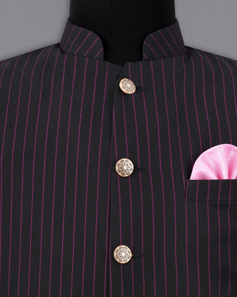 Zeus Black with Dark Mauve Pink Striped Nehru Jacket