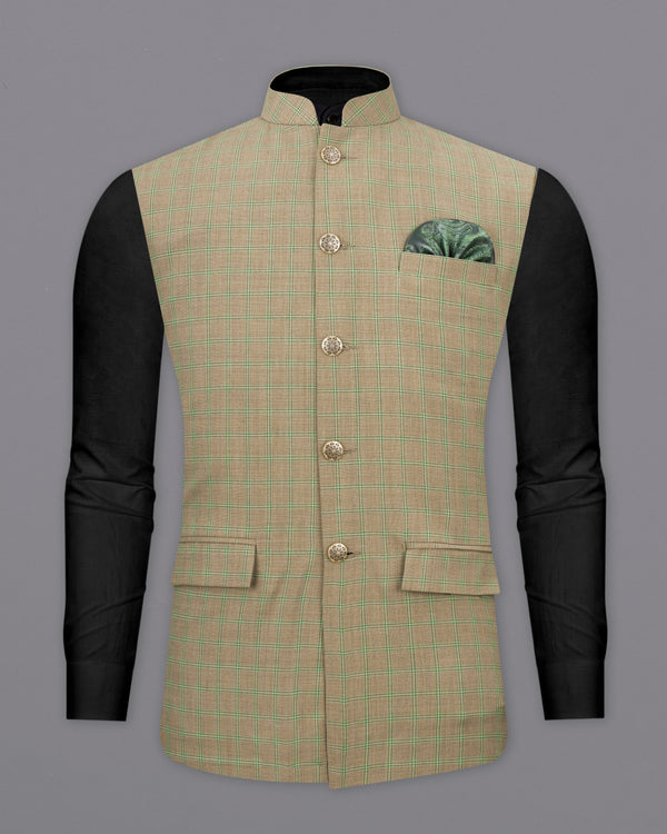 Sandrift Brown with Sprout Green Plaid Nehru Jacket