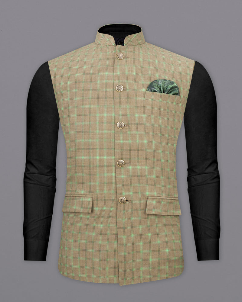 Sandrift Brown with Sprout Green Plaid Nehru Jacket