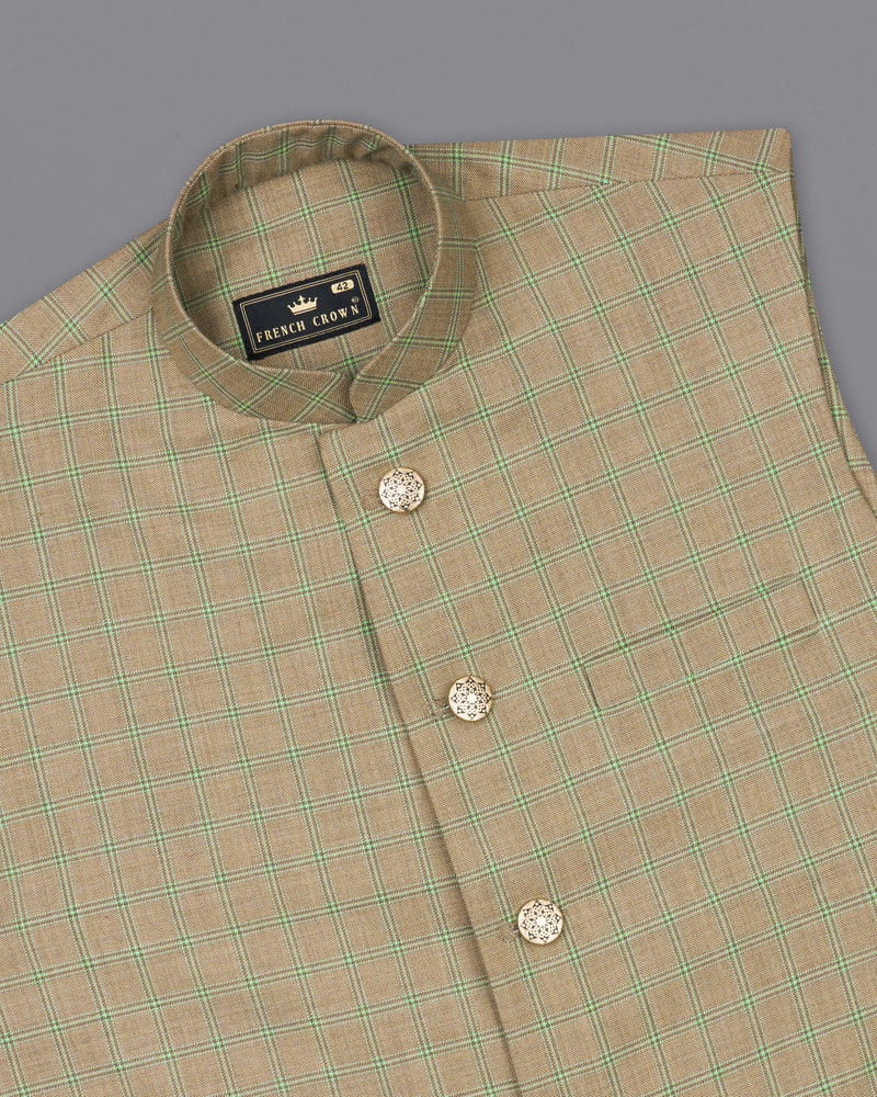 Sandrift Brown with Sprout Green Plaid Nehru Jacket