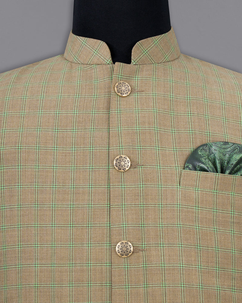 Sandrift Brown with Sprout Green Plaid Nehru Jacket