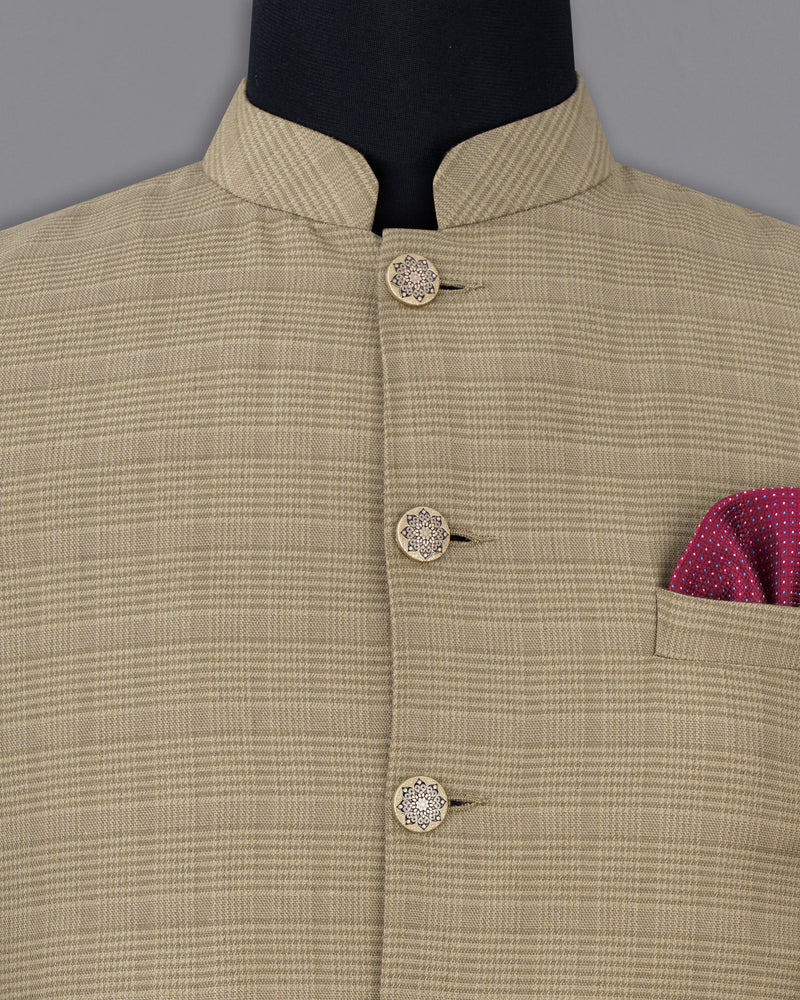 Pale Taupe Brown Plaid Wool Rich Nehru Jacket