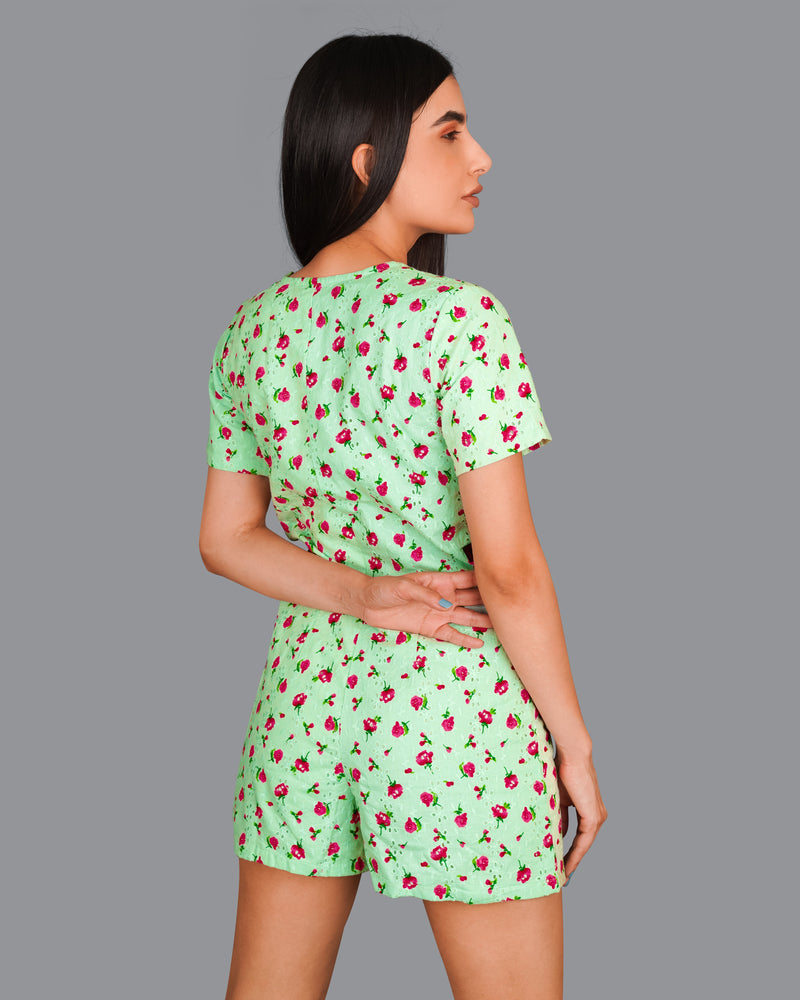 Celadon Green Rose Printed Premium Cotton Jumpsuit