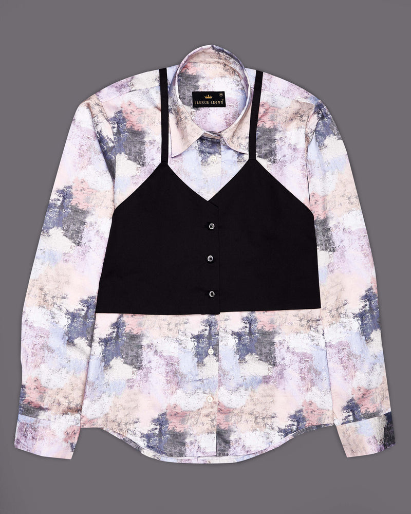Cavern Brown with Cadet Blue Marble Printed Premium Cotton Shirt with Spaghetti Overcoat