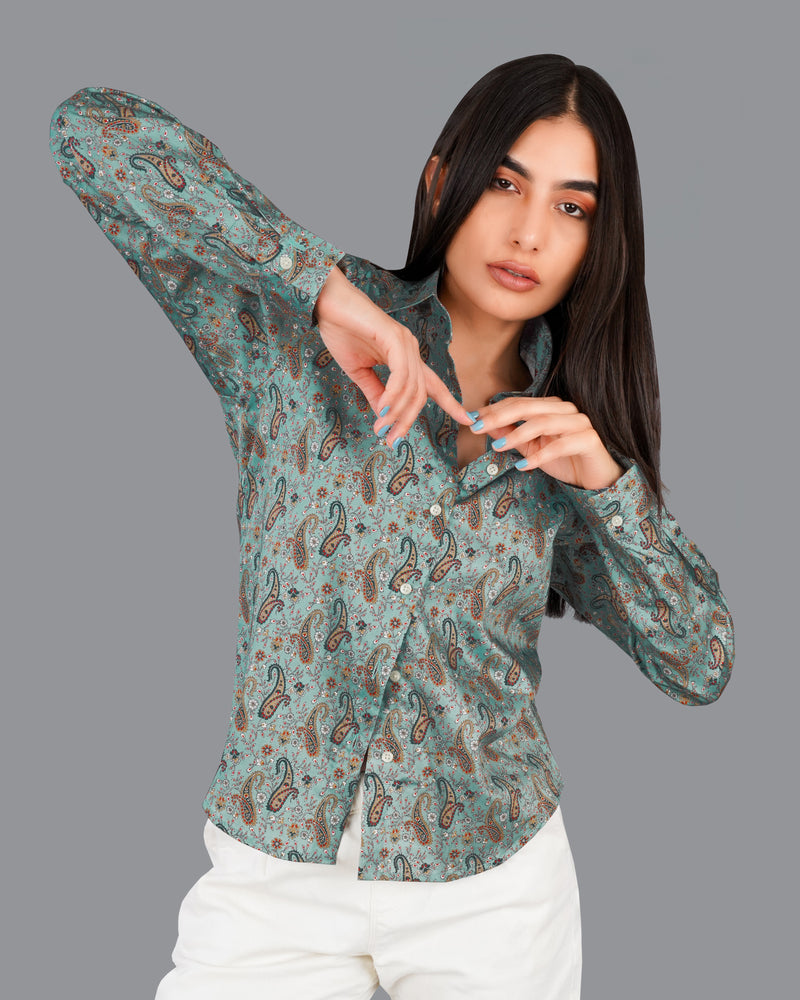 Cadet Green Paisley Printed Premium Cotton Shirt