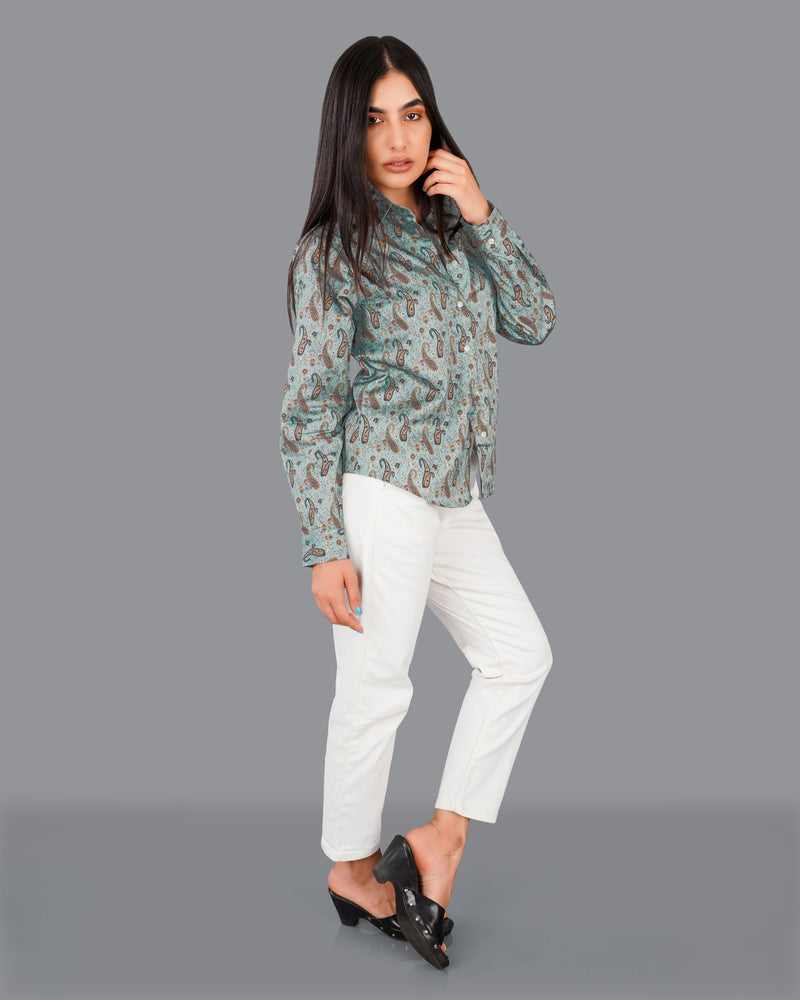 Cadet Green Paisley Printed Premium Cotton Shirt