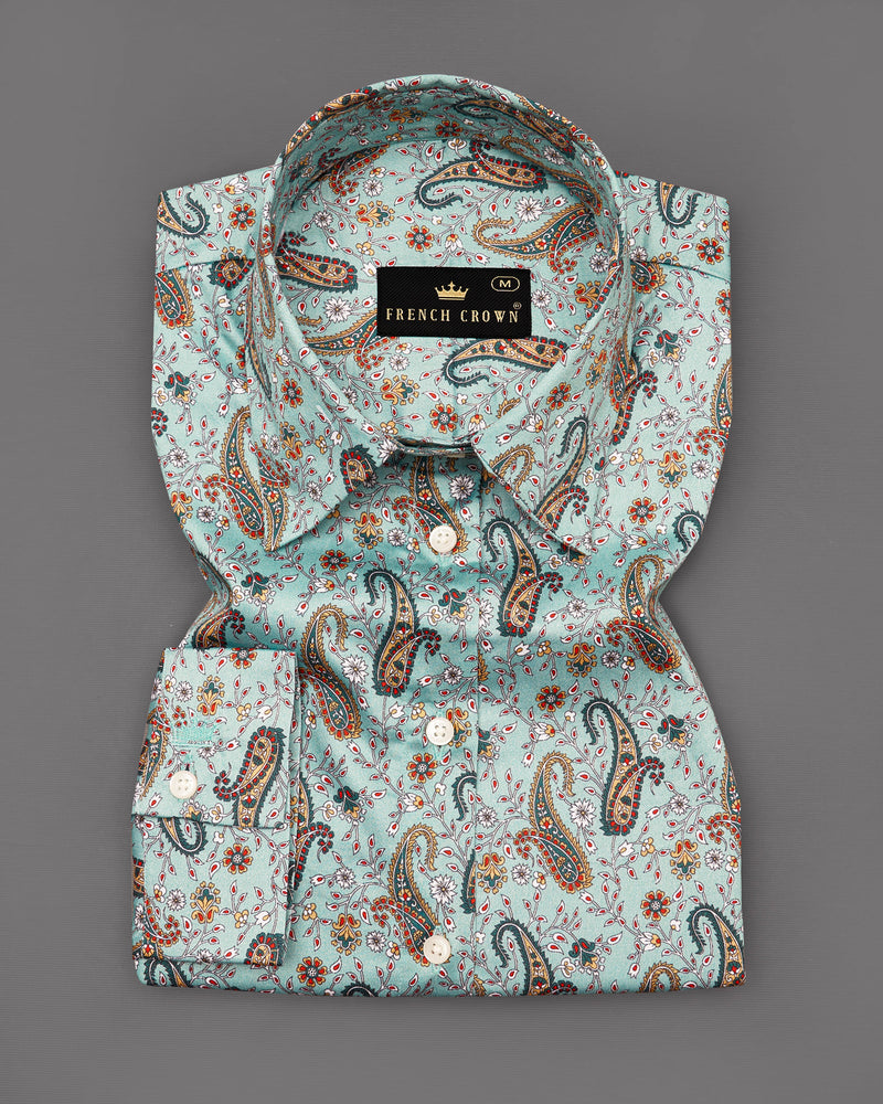 Cadet Green Paisley Printed Premium Cotton Shirt