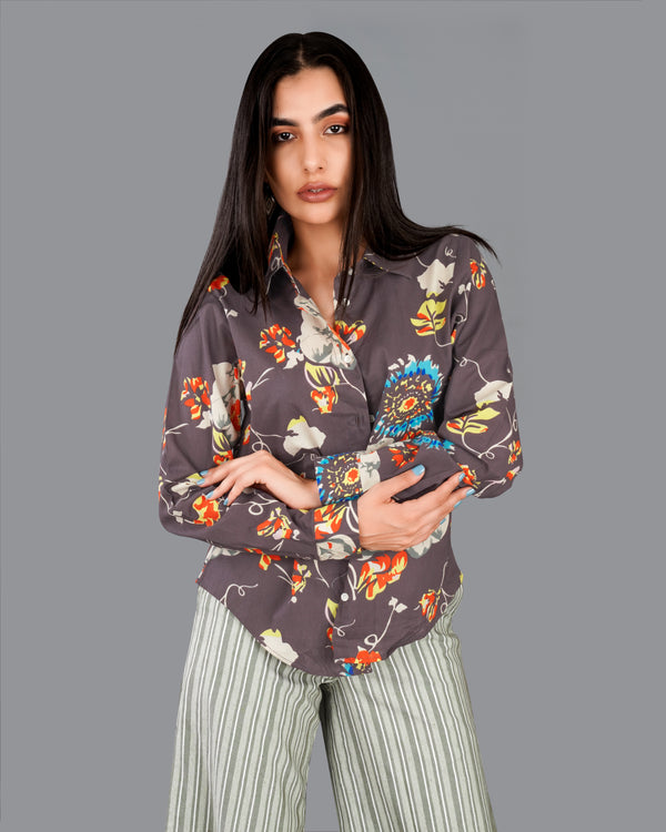 Fuscous Brown Floral Printed Premium Cotton Shirt