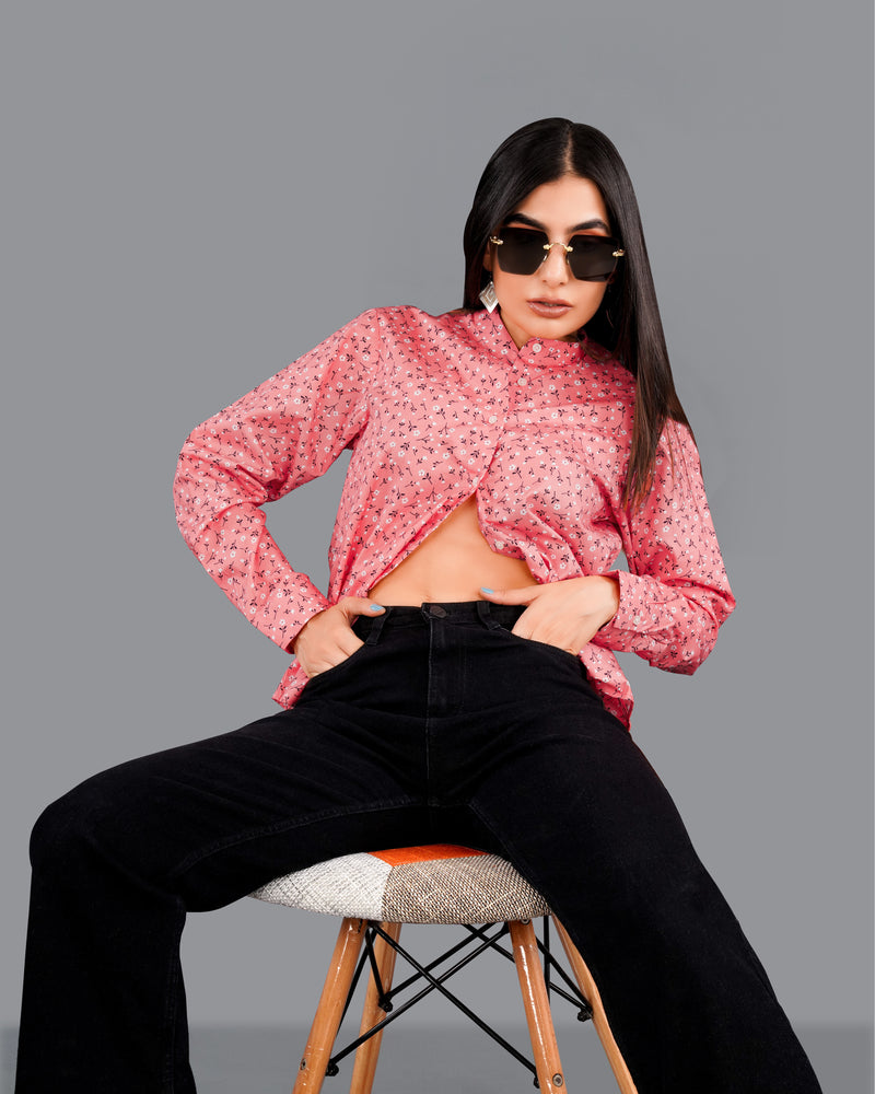 Coral Pink Ditsy Printed Premium Cotton Shirt