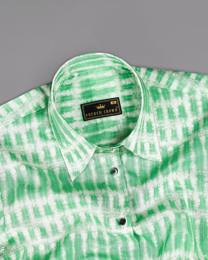 Teal Green with Bright White Printed Premium Tencel Shirt