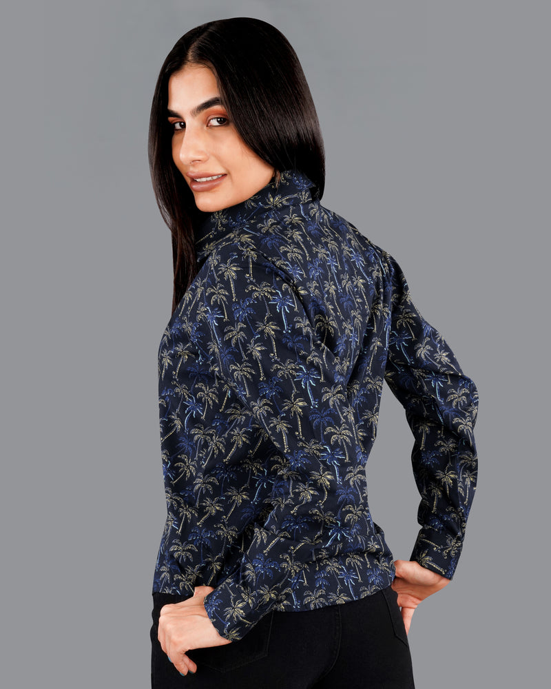 Rangoon Blue Multicolour Trees Printed Premium Cotton Shirt