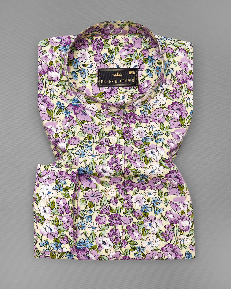 Tahuna Green with Wistteria Purple Floral Printed Premium Cotton Shirt