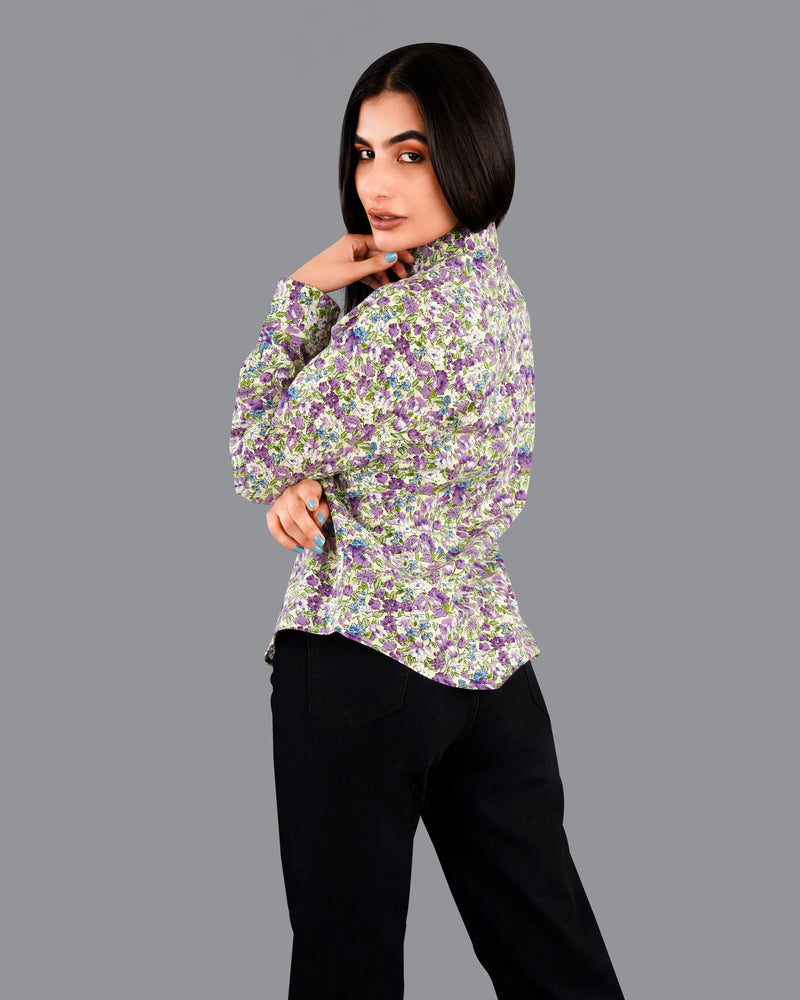 Tahuna Green with Wistteria Purple Floral Printed Premium Cotton Shirt