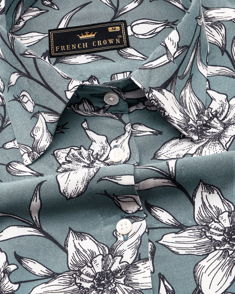 Turquoise Gray Floral Printed Premium Tencel Shirt