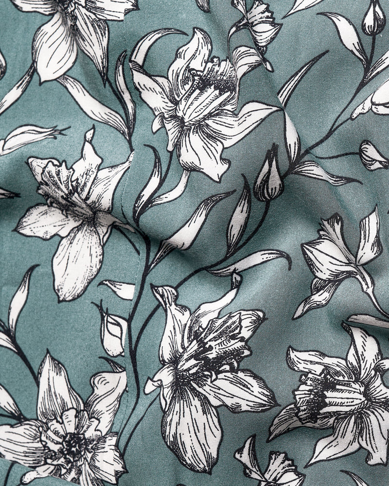 Turquoise Gray Floral Printed Premium Tencel Shirt