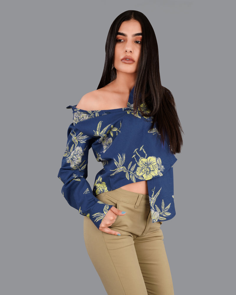 Dianne Blue Floral Printed Premium Cotton Shirt