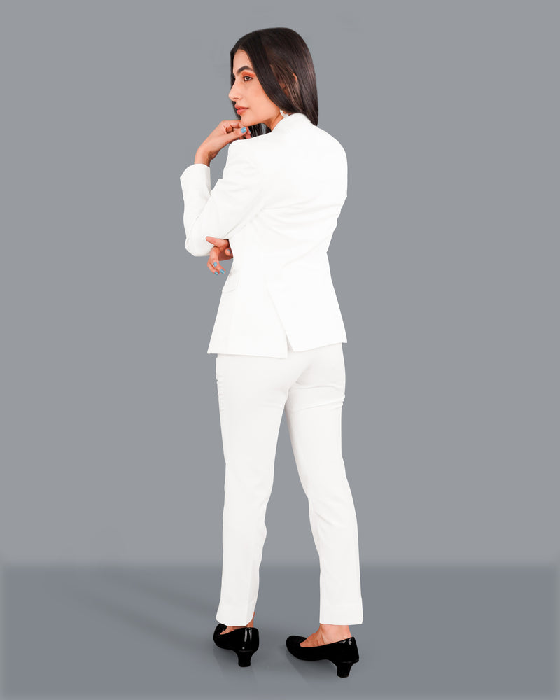 Bright White with Black Patch Collar Premium Cotton Women's Suit