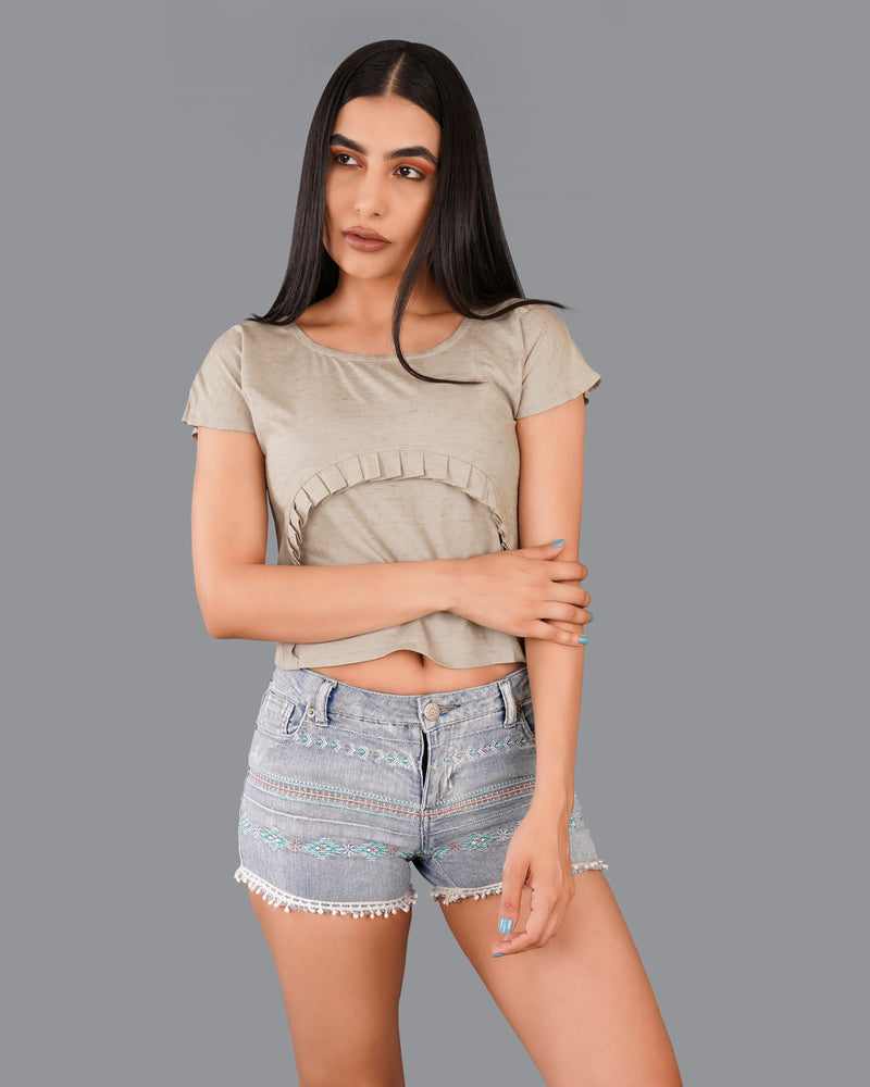 Amber Brown Crop Top With Pleated Premium Cotton