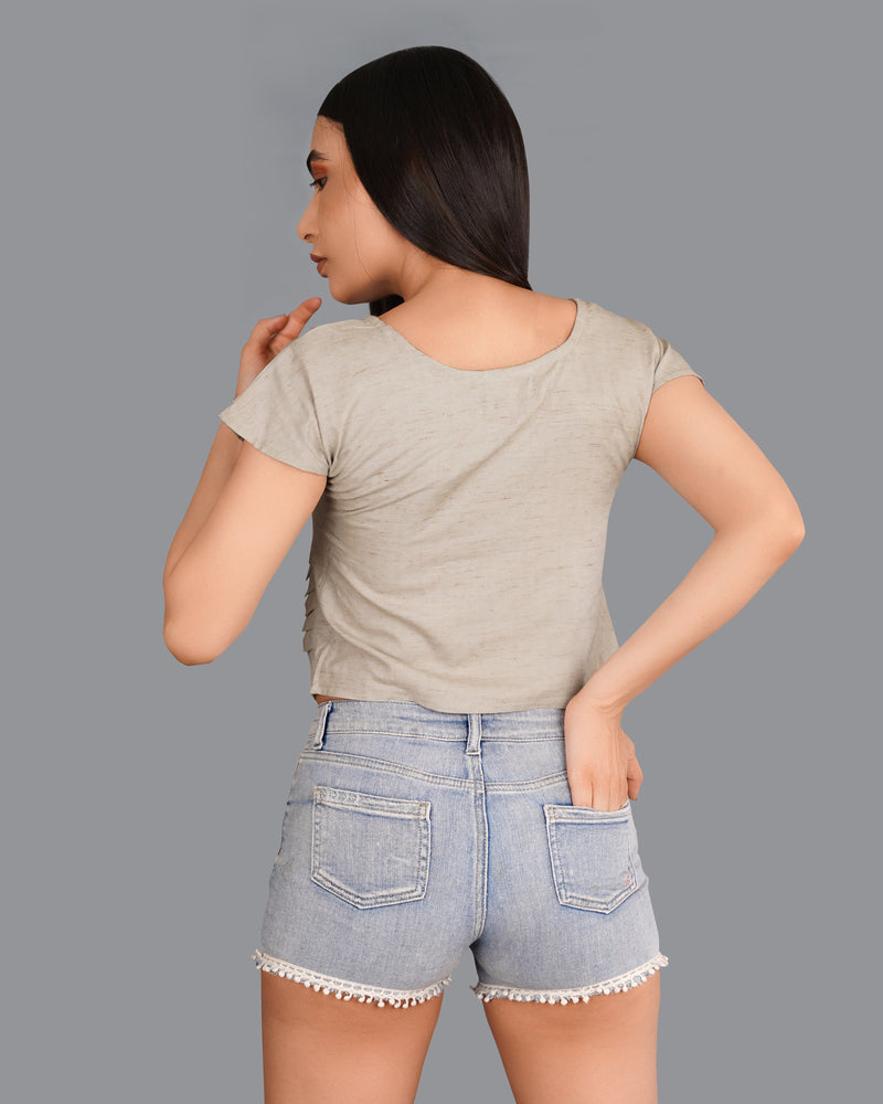 Amber Brown Crop Top With Pleated Premium Cotton