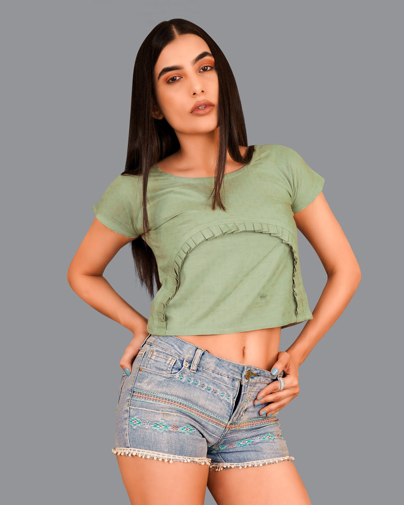 Asparagus Green Pleated Premium Cotton Crop Top