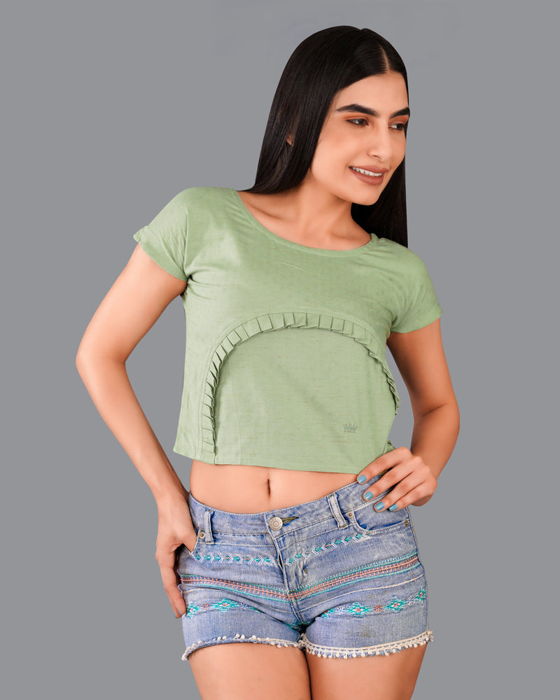 Asparagus Green Pleated Premium Cotton Crop Top