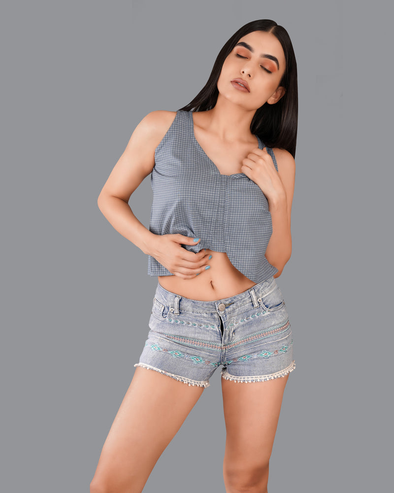 Gunsmoke Gray Gingham Checkered Premium Cotton Crop Top